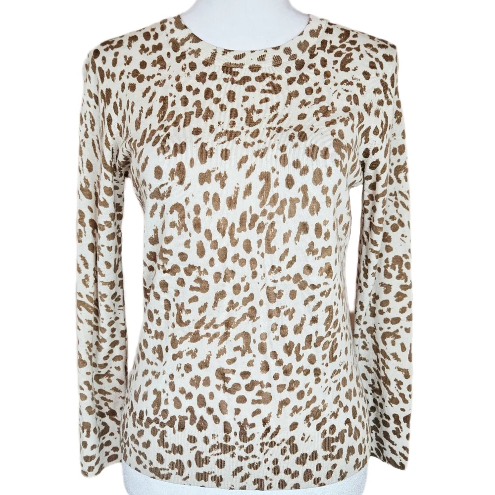 Banana Republic Leopard Print Merino Wool Sweater Womens Petite Small Minimalist